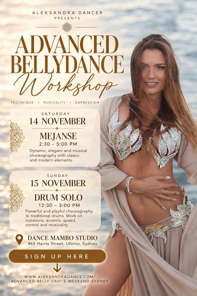 Advanced Belly Dance Workshop poster — Mejanse Saturday 14 November 2:30–5pm, Drum Solo Sunday 15 November 12:30–3pm, Dance Mambo Studio Ultimo
